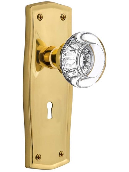 Prairie Style Door Set with Round Crystal Glass Knobs in Un-Lacquered Brass .